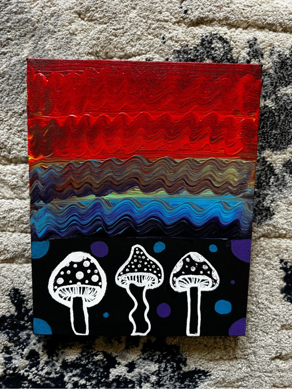 Hand-Painted Abstract Mushroom Canvas Art - Red, Blue, Purple